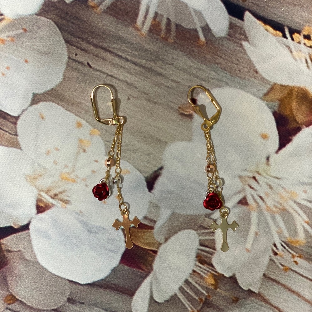 Cross with rose flower earrings